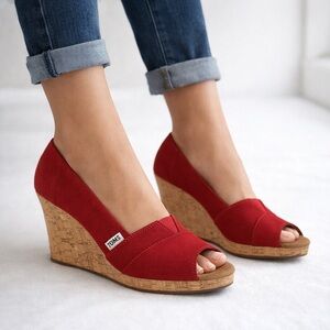 NEW! TOMS Size 8 Red Canvas Peep Toe Cork Wedge Heels Women